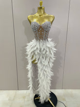 2025 Luxury Sparkle Rhinestone White Feather Sexy Mesh Long Dress Women Evening Party Birthday Performance Photoshoot Costume